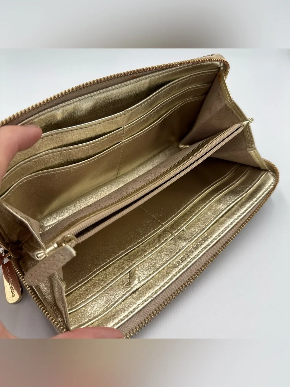 Michael Kors Taupe and Black Exotic Snake Skin Zip Wallet with Gold Plaque